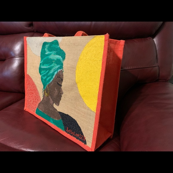Burlap Tote “Circles Around Her” Hand Painted by Lee for Artbylee123 - Picture 2 of 5